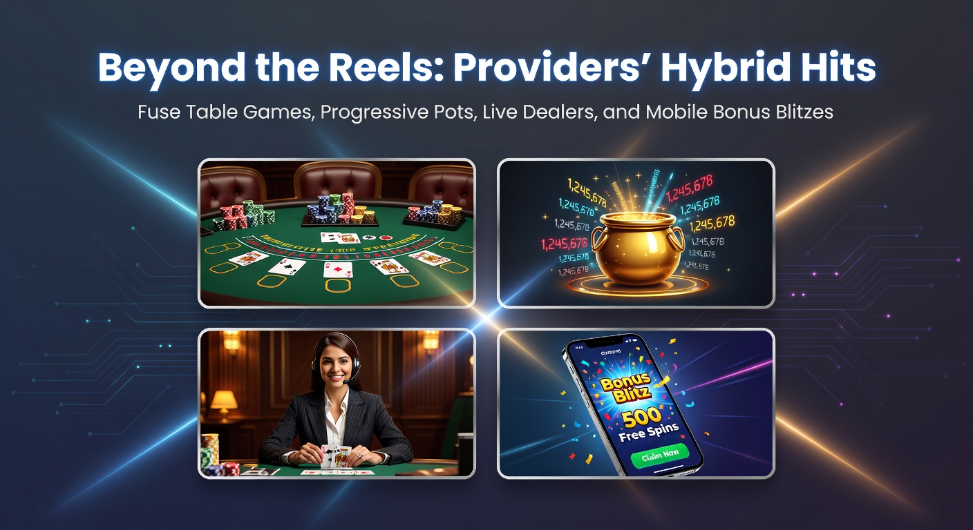 Vibrant digital display of hybrid casino games merging slots, tables, live dealers, and progressive jackpots on a mobile screen