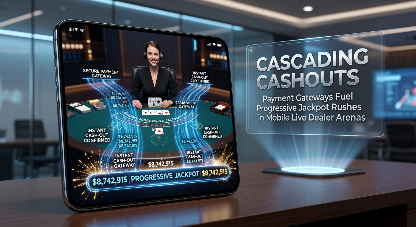 Dynamic graphic of cascading coins from a progressive jackpot exploding on a mobile live dealer roulette wheel, overlaid with speedy payment gateway logos and transaction arrows
