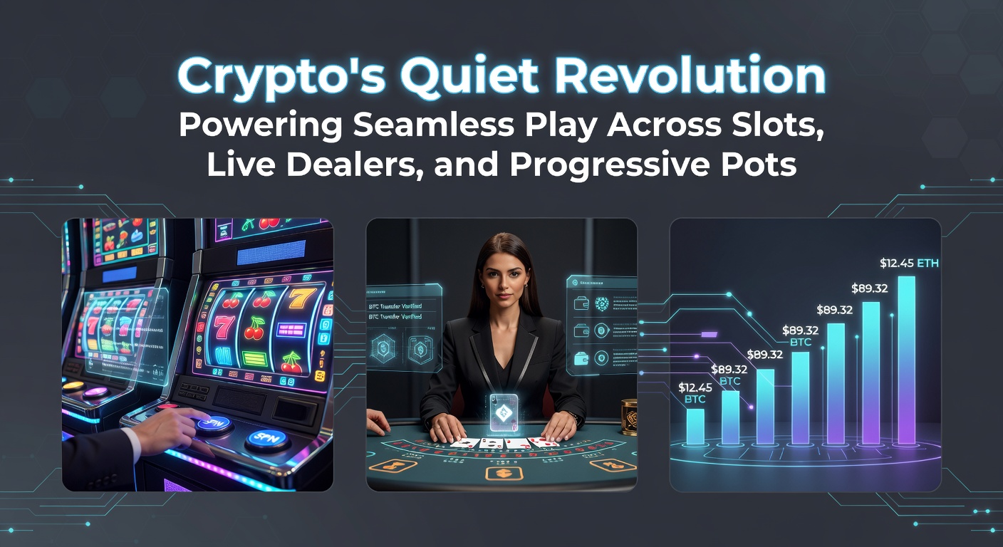 Digital cryptocurrency icons overlaying vibrant slot reels, live dealer tables, and escalating progressive jackpot meters, symbolizing seamless integration in online gaming