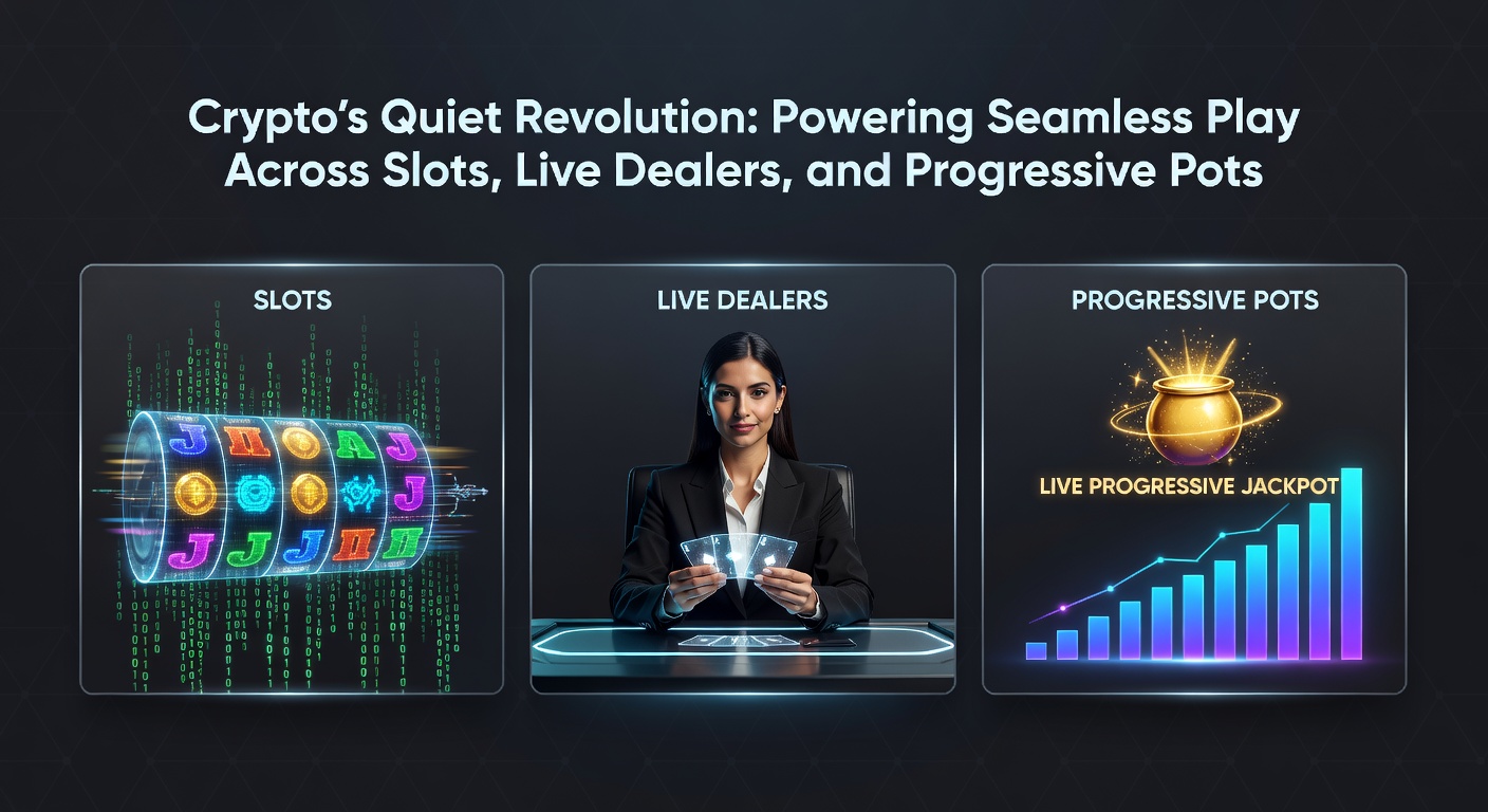 Live dealer at a blackjack table with cryptocurrency transaction overlays and progressive side bet trackers, illustrating real-time crypto-powered gameplay