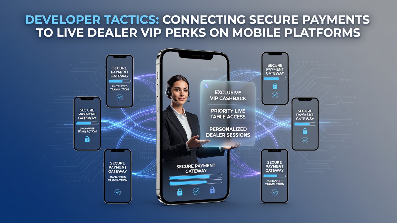 Mobile platform showing secure payment integration with live dealer interface and VIP rewards dashboard