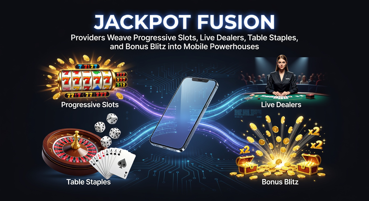 Vibrant mobile screen displaying progressive jackpot slots intertwined with live dealer tables and bonus explosions, showcasing seamless fusion in handheld gaming