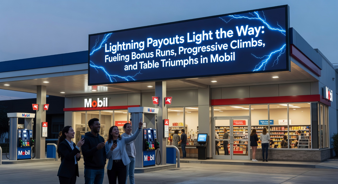 Dynamic graphic of a progressive jackpot meter surging upward with lightning bolt payout icons and mobile phone interfaces overlayed