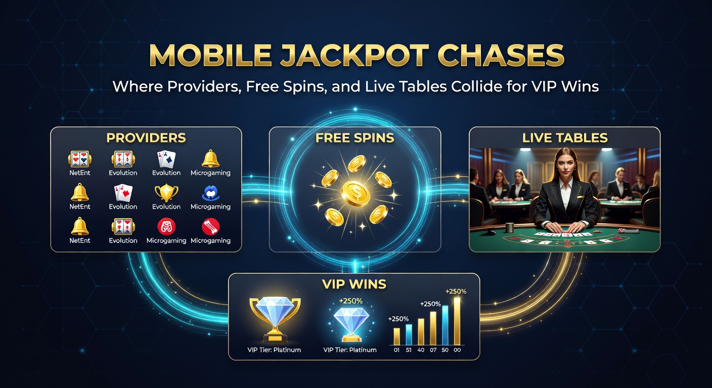 Dynamic split-screen view of a mobile jackpot wheel spinning free spins alongside a live roulette table with VIP chip stacks and escalating multiplier chaser