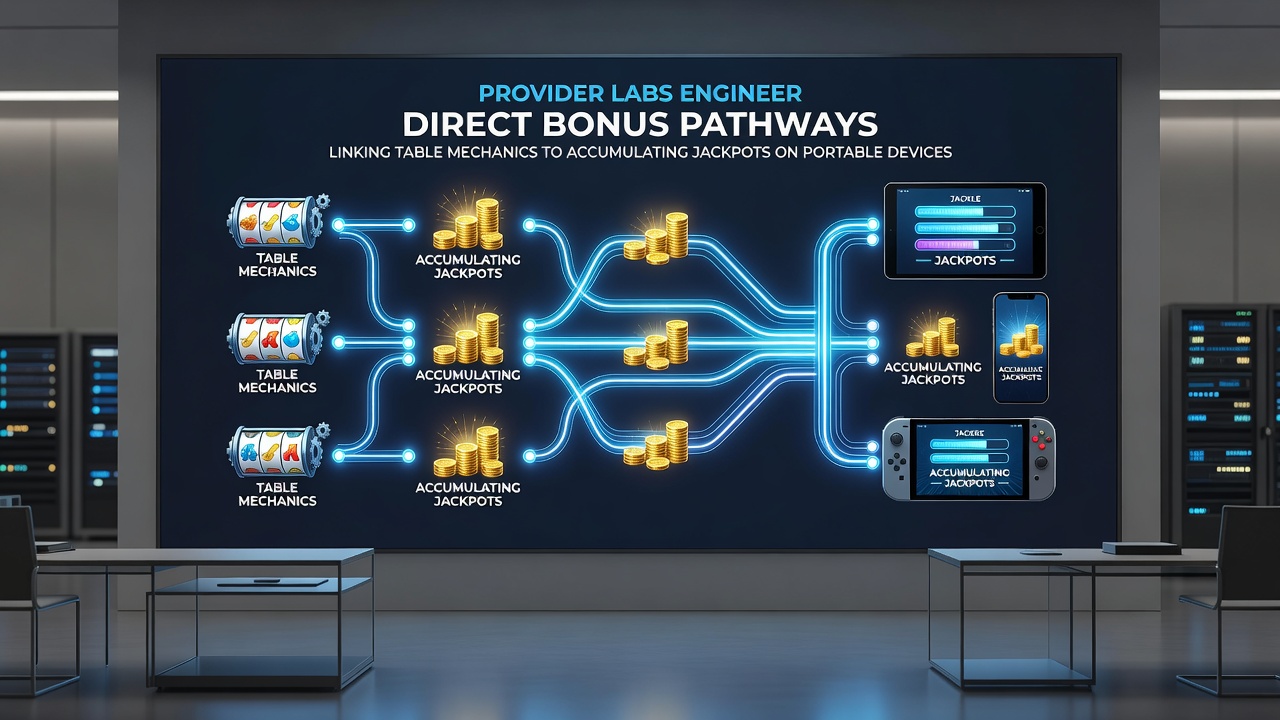 Technical diagram showing bonus pathway connections between table game mechanics and accumulating mobile jackpots