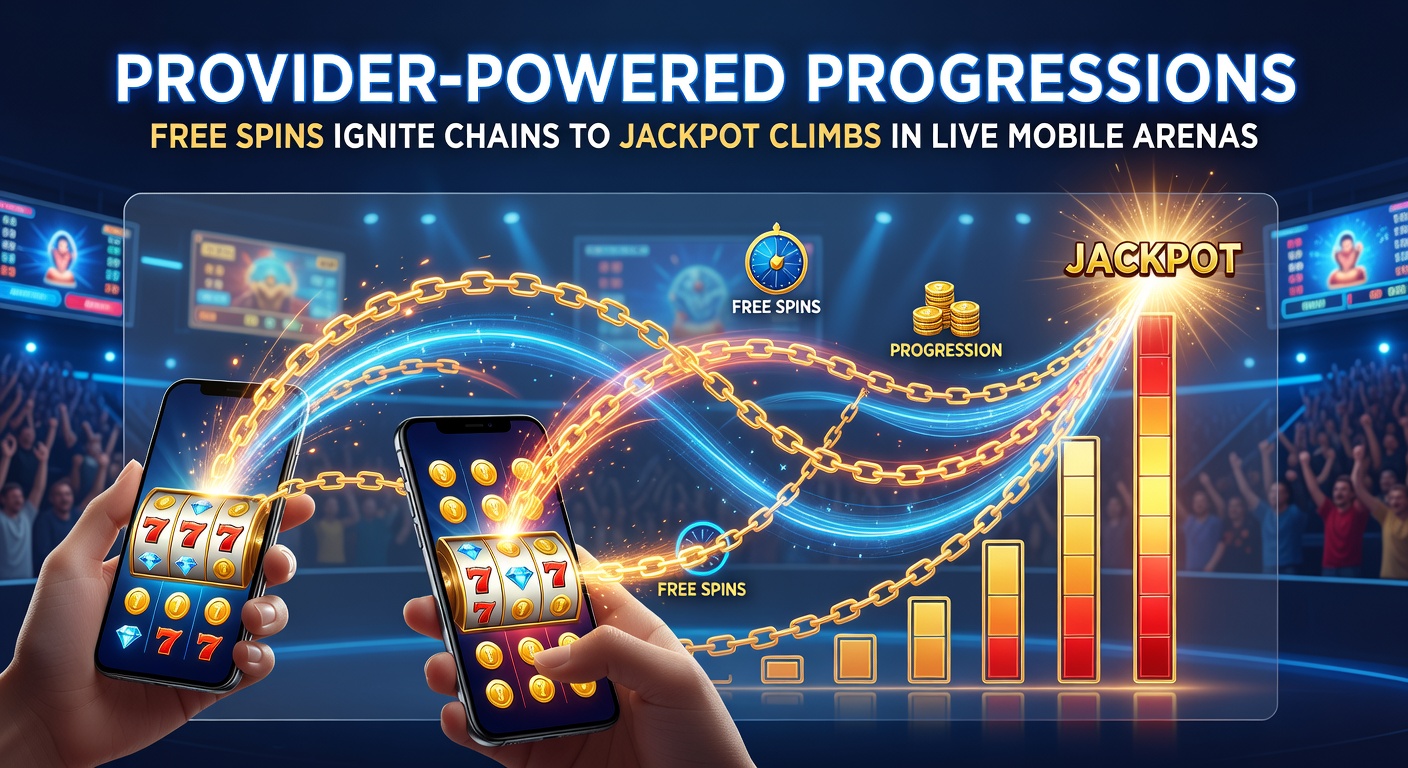 Dynamic illustration of cascading free spins transforming into glowing progressive jackpots on a mobile live casino interface, with chains linking bonus features to escalating prize pools