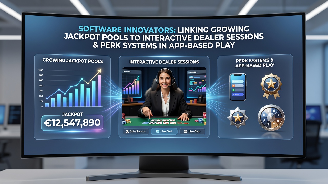 Mobile app interface displaying integrated jackpot pools alongside interactive dealer sessions and perk reward indicators
