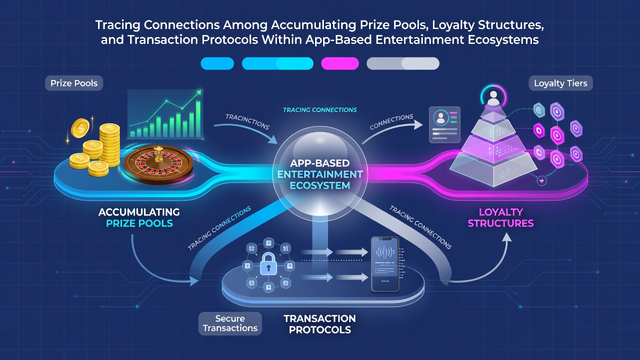 Mobile app interfaces displaying prize pool counters, loyalty tier badges, and secure payment flows in entertainment platforms