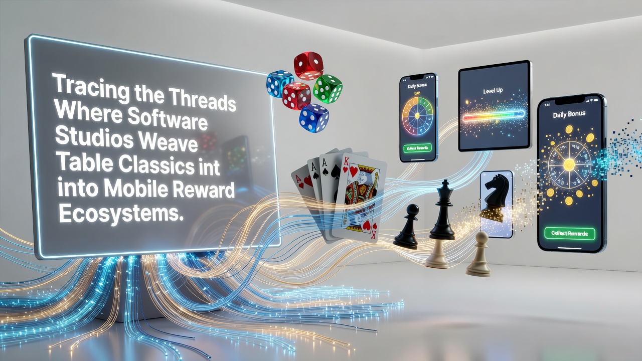 Software development studio interface displaying integration of classic table games into mobile reward systems with progress tracking and loyalty metrics