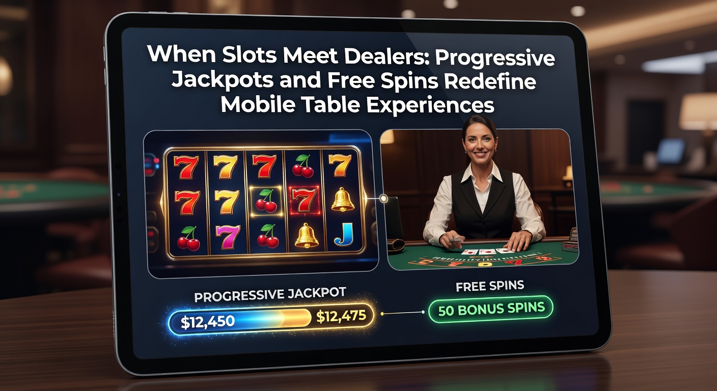 Vibrant mobile screen showing a live dealer roulette table overlaid with glowing progressive jackpot meters and spinning free spin wheels